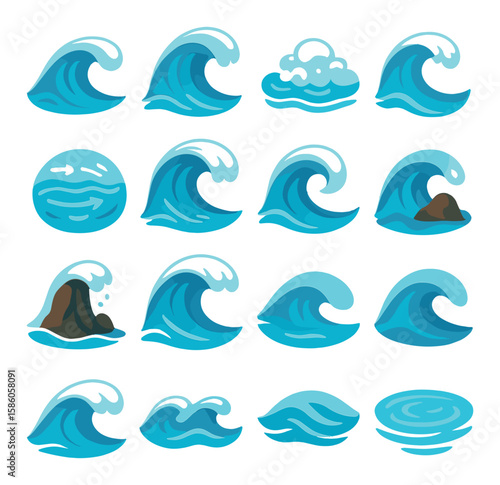 Waves in Nature modern flat style. ocean wave, tidal wave, sea foam, crashing wave, ripple on lake, underwater current, tsunami shape, swirling wave, reef break, wave