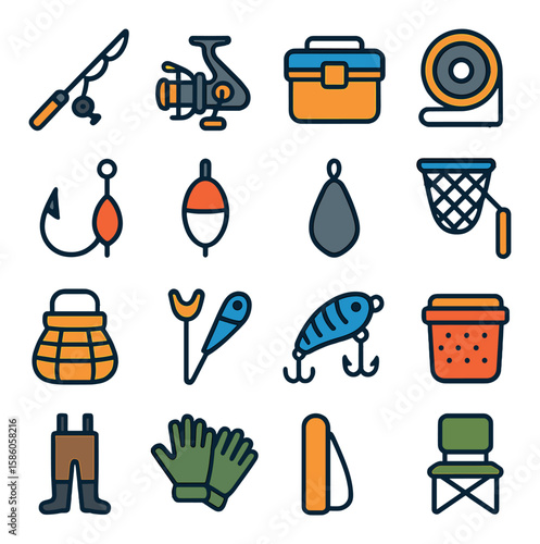 Fishing Gear modern flat style. fishing rod, fishing reel, tackle box, fishing line, bait hook, bobber, sinker, net, fish basket, rod holder, lure, bait container, waders
