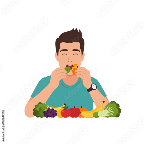 A smiling man happily eating fresh colorful vegetables and fruits.
