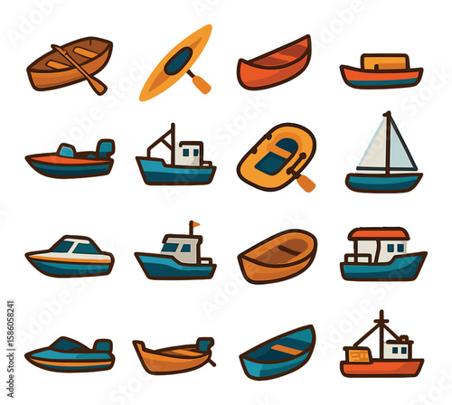 Fishing Boats modern flat style. rowboat, kayak, canoe, pontoon boat, bass boat, trawler, inflatable boat, sailboat, motorboat, fishing yacht, dinghy, fishing barge, jet