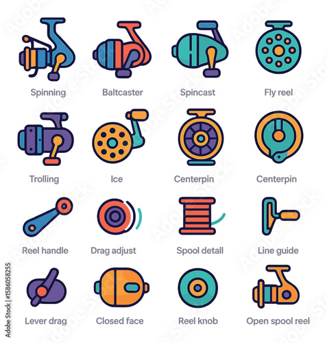 Types of Fishing Reels modern flat style. spinning reel, baitcaster reel, spincast reel, fly reel, trolling reel, ice reel, overhead reel, centerpin reel, reel handle