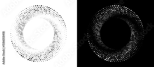 Modern abstract background. Halftone dots in circle form. Round logo. Vector dotted frame. Design element or icon, logo. Black shape on a white background and the same white shape on the black side.