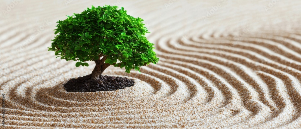 Naklejka premium Green Tree Surrounded by Raked Sand Patterns in Tranquil Setting