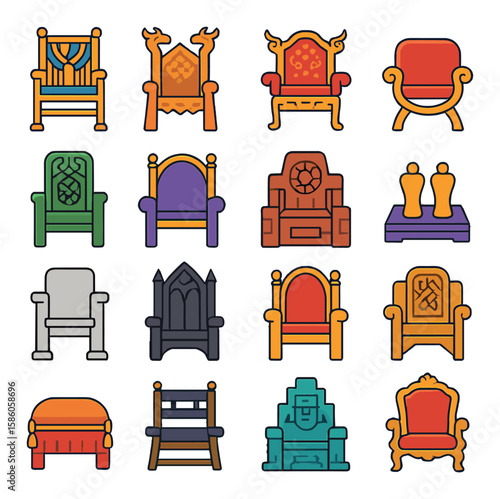 Thrones of Different Cultures modern flat style. Egyptian throne, Norse throne, Chinese imperial seat, Roman curule chair, African carved throne, Persian seat, Aztec