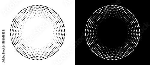 Modern abstract background. Halftone dots in circle form. Round logo. Vector dotted frame. Design element or icon, logo. Black shape on a white background and the same white shape on the black side.
