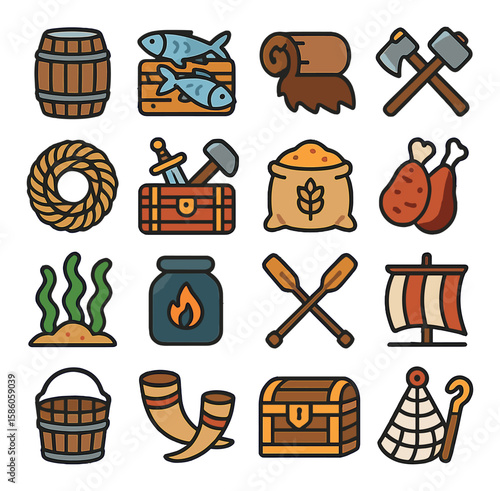 Drakkar Cargo and Supplies modern flat style. water barrel, salted fish crate, fur roll, iron tools, rope coil, weapon chest, grain sack, dried meat, sea herbs, tar jar