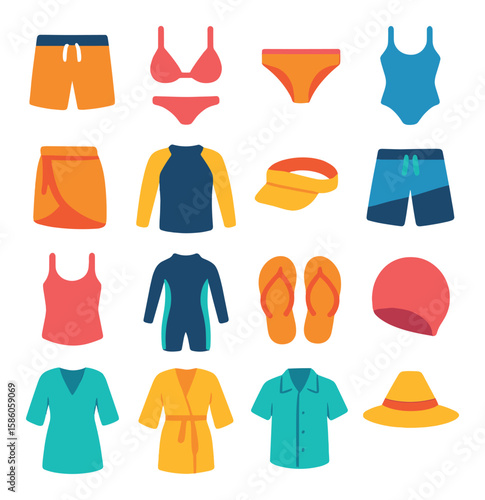 Beach Clothing modern flat style. swim trunks, bikini top, bikini bottom, one-piece swimsuit, sarong, rash guard, sun visor, board shorts, tank top, wet suit, flip-flops