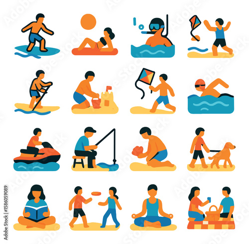 Beach Activities modern flat style. surfing, sunbathing, snorkeling, beach volleyball, paddleboarding, building sandcastles, kite flying, swimming, jet skiing, fishing