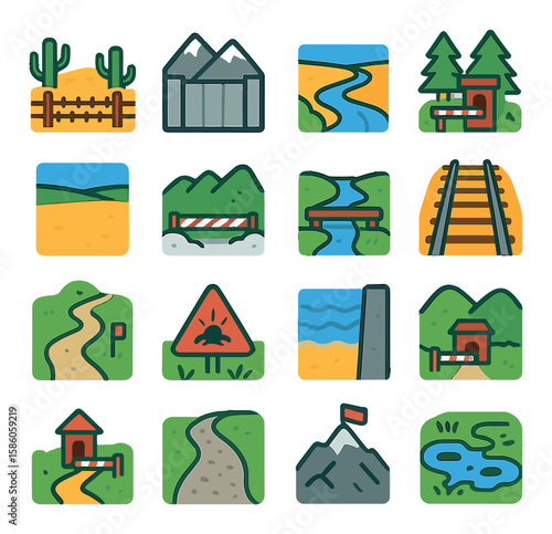 Border Landscapes and Zones modern flat style. desert fence, mountain barrier, river border, forest checkpoint, open plain zone, snow-covered border, narrow bridge