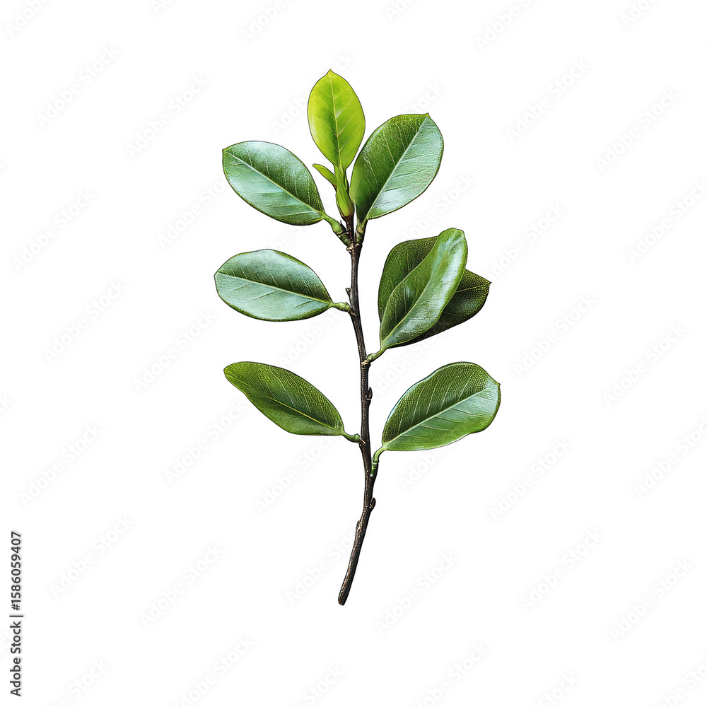 Obraz premium A sprig of glossy, dark-green leaves on a slender, dark-brown stem, isolated against a black background