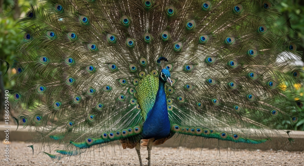Obraz premium Majestic Peacock Displays Vibrant Tail Feathers, Eye-Spots, and Rich Colors.