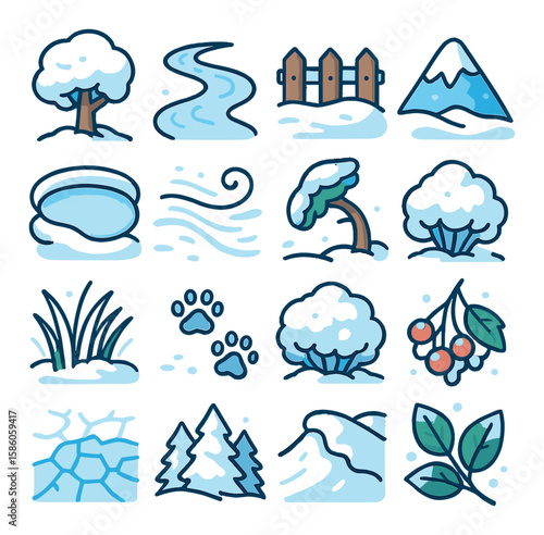 Blizzard Effects on Nature modern flat style. snow-covered tree, frozen river, buried fence, snow-coated mountain, iced-over pond, drifting snow, bent pine, fallen icicle