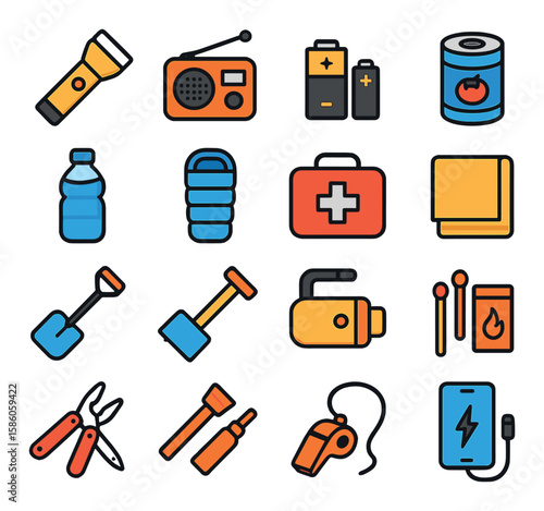 Blizzard Emergency Supplies modern flat style. flashlight, emergency radio, extra batteries, canned food, bottled water, sleeping bag, first aid kit, thermal blanket