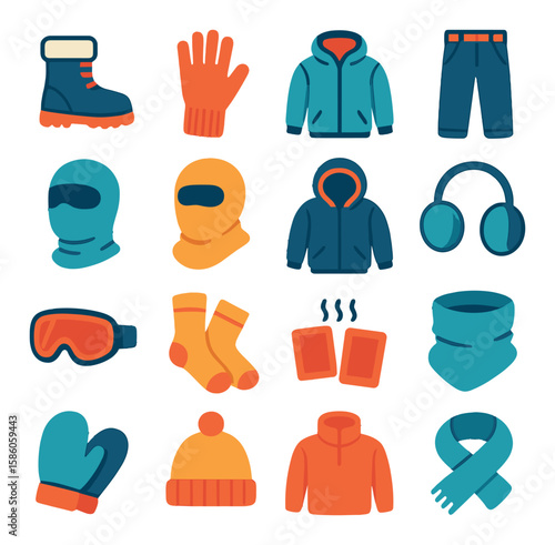 Blizzard Clothing and Protection modern flat style. snow boots, thermal gloves, insulated jacket, snow pants, face mask, balaclava, hooded parka, ear muffs, ski goggles