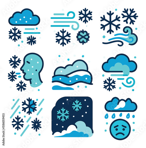 Blizzard Weather Elements modern flat style. heavy snowfall, strong wind, snowflakes, icy gust, low visibility, snowdrift, freezing fog, wind swirl, snow squall, cold