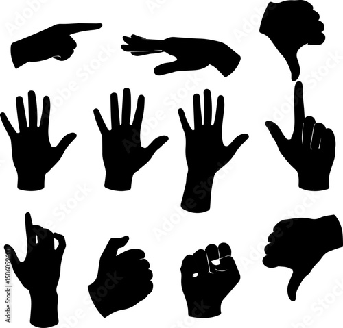 Black silhouette hand gestures and poses against a white background