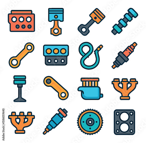 Internal Combustion Engine Parts modern flat style. engine block, piston, crankshaft, camshaft, connecting rod, cylinder head, timing chain, spark plug, valve, rocker arm