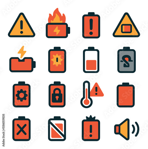 Battery-Related Alerts and Indicators modern flat style. warning triangle, battery overheating, battery with exclamation mark, low power alert, overvoltage icon, short
