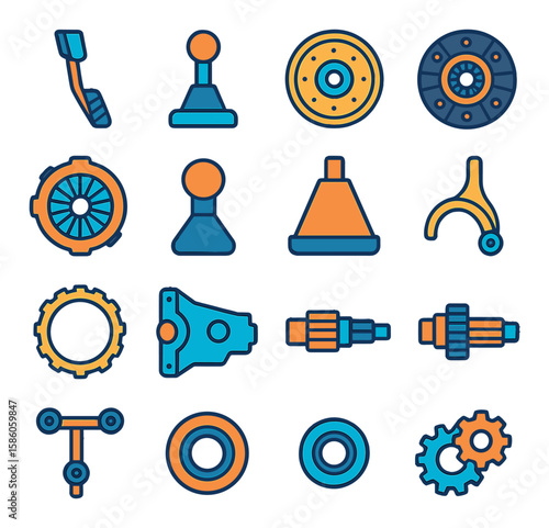 Manual Transmission Components modern flat style. clutch pedal, gear shifter, flywheel, clutch disc, pressure plate, shift knob, shift boot, gear selector fork, synchro