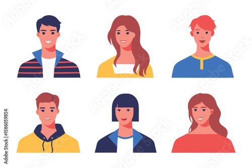 Diversity person flat design:A variety of diverse person, each with unique characteristics and features, represent different backgrounds and personal styles in a clean, flat design.