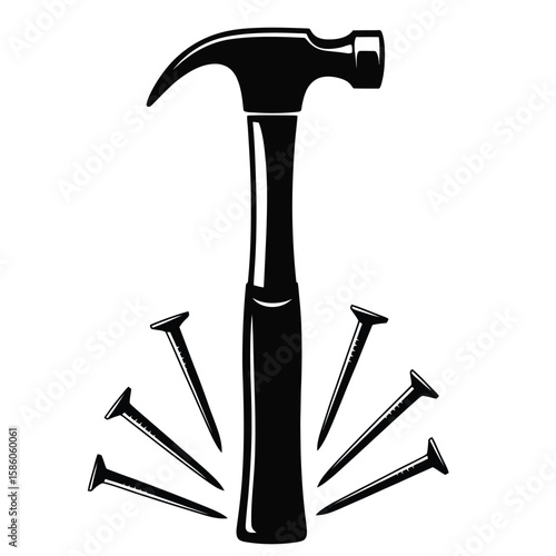 Silhouette of vintage hammer with nails in black and white vector isolated for woodworking and tool design