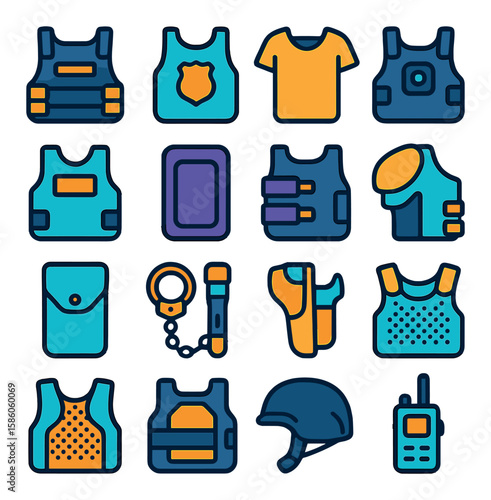 Law Enforcement Body Armor modern flat style. tactical vest, badge panel, hidden armor shirt, body camera mount, stab-resistant panel, trauma pad, side strap system