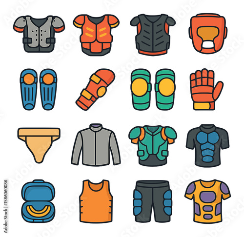 Sports Body Protection modern flat style. football pads, hockey chest protector, motocross vest, boxing headgear, shin pads, elbow pads, knee pads, padded gloves, groin