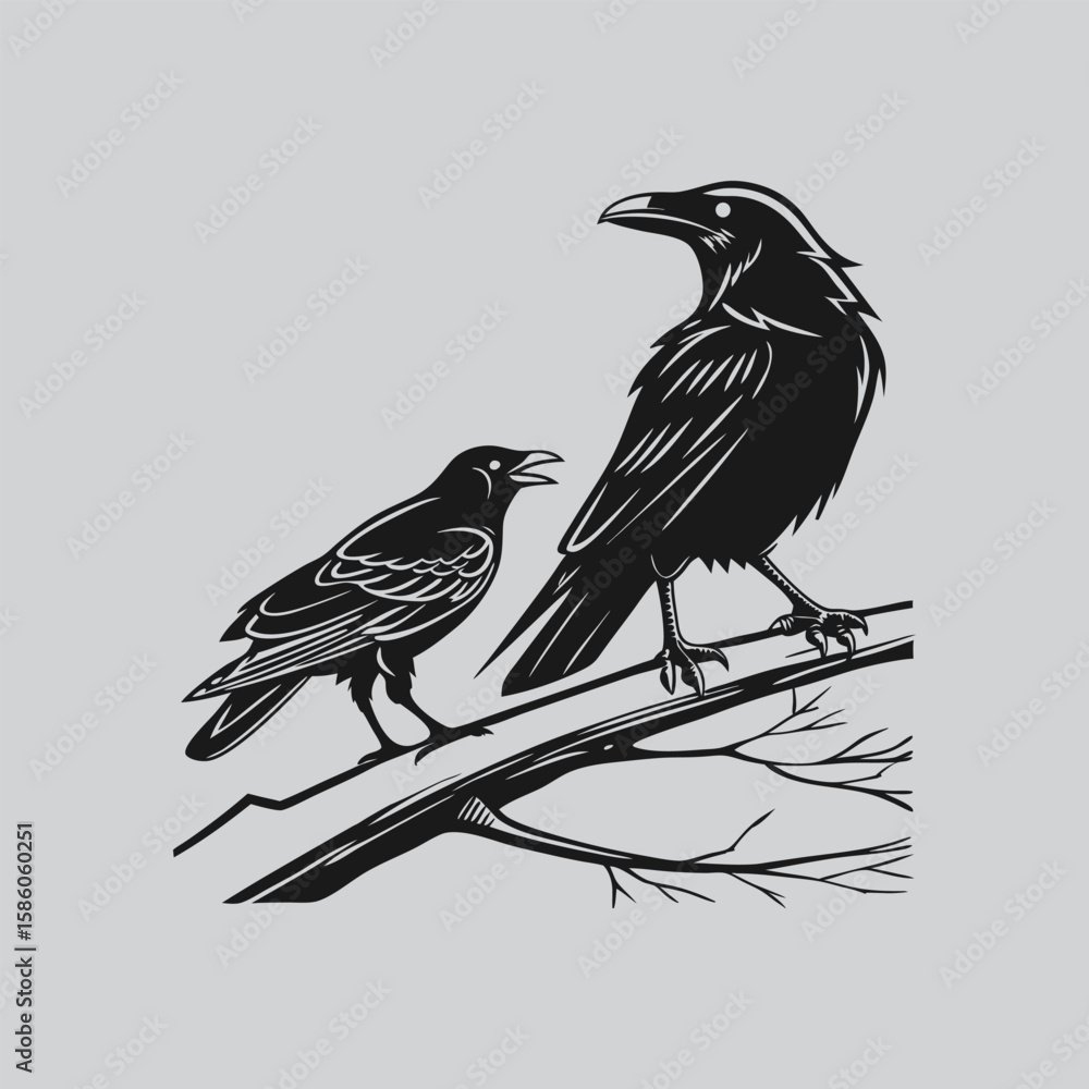 Obraz premium Two ravens perched on a branch, a captivating black and white illustration.