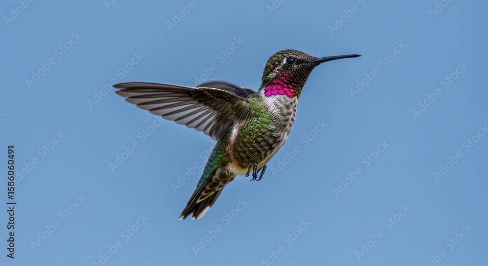 Naklejka premium Rufous Hummingbird in Flight: Iridescent Plumage Against Azure Sky