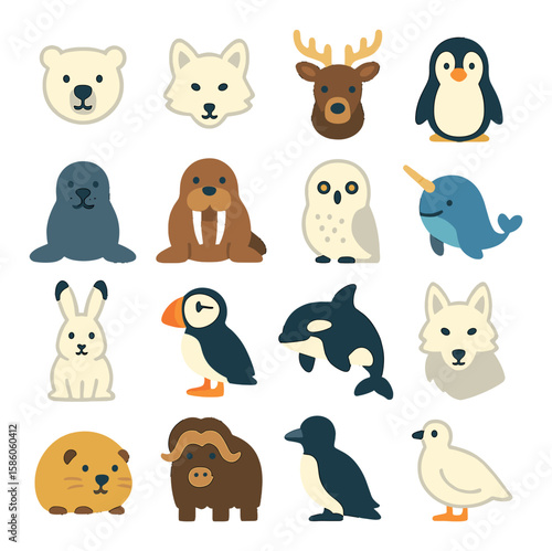 Arctic Animals modern flat style. polar bear, arctic fox, reindeer, penguin, seal, walrus, snowy owl, narwhal, snow hare, puffin, orca, arctic wolf, lemming, musk ox, auk
