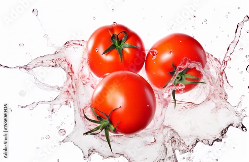 Fresh red tomatoes splash into clear water, creating dynamic droplets and ripples, showcasing vibrant colors and textures in a lively culinary scene with refreshing appeal