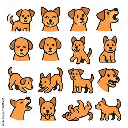 Dog Emotions and Expressions modern flat style. wagging tail, happy face, tilted head, barking mouth, sleepy eyes, sad ears, excited jump, calm sit, curious sniff