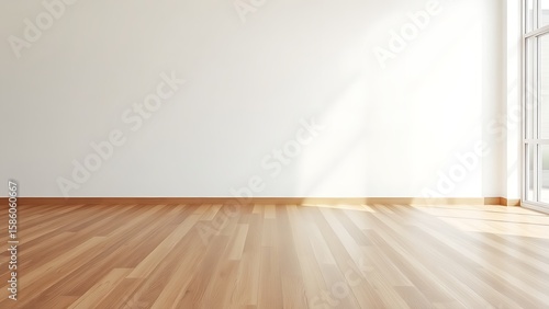 A minimalist living space featuring empty wooden floors and white walls in natural ambient light.