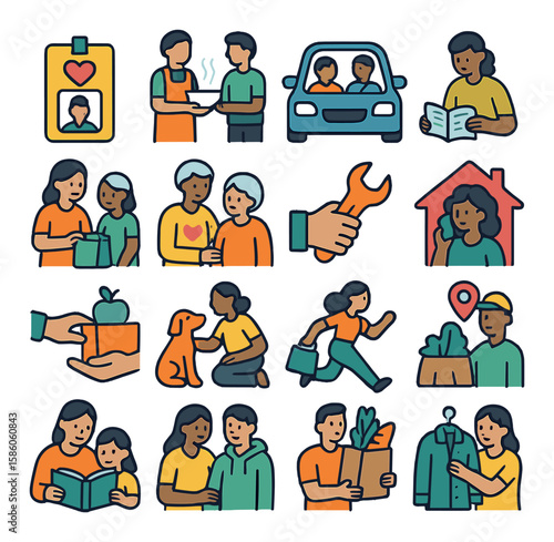 Peer and Volunteer Assistance modern flat style. volunteer badge, soup kitchen, shared ride, tutoring session, neighborhood help, elder care, home repair hand, community