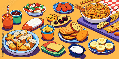Easter still life set with sweet breakfast pastries and dessert icons