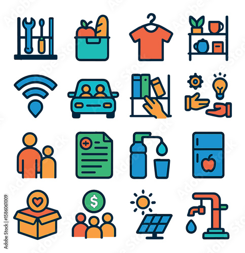 Shared Resources and Support modern flat style. tool library, food bank, clothing drive, free shelf, public wifi, ride share, lending library, skill exchange, babysitting