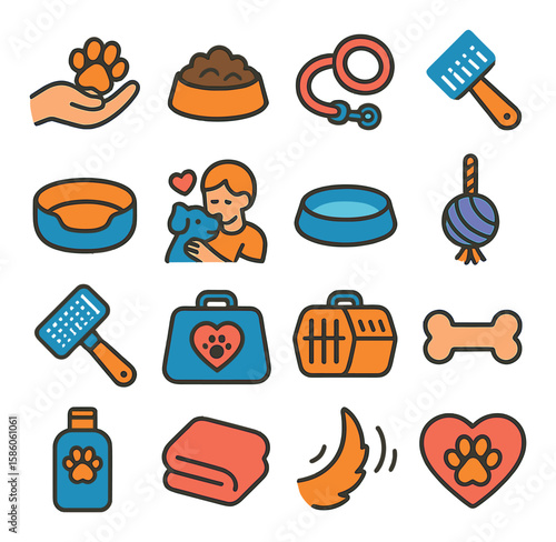 Pet Care and Love modern flat style. paw in hand, food bowl, leash, brushing comb, pet bed, cuddle moment, water dish, play toy, grooming brush, vet bag, carrier, treat