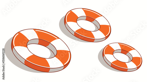 Three orange and white striped life preserver rings on a white background