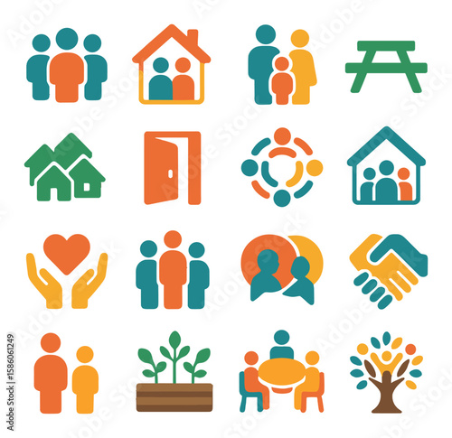 Community and Togetherness modern flat style. group icon, shared home, family silhouette, picnic table, village symbol, open door, people in circle, team house, heart in