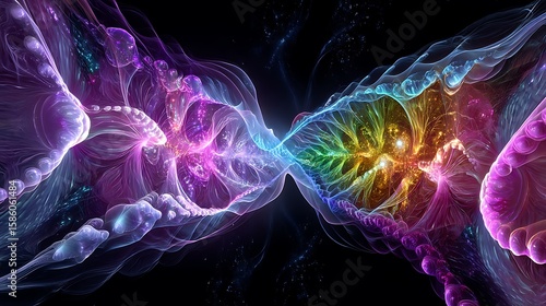A hyper-evolved AI shifting between infinite dimensions, its consciousness transitioning between glowing quantum states.