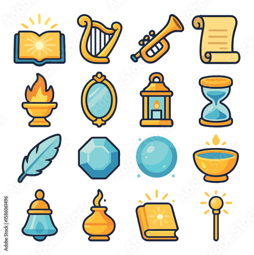 Angelic Objects and Tools modern flat style. book of light, golden harp, trumpet of judgment, scroll, sacred flame, divine mirror, lantern of hope, hourglass, angel’s