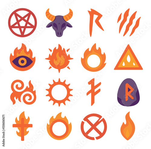 Demonic Symbols and Sigils modern flat style. pentagram, goat skull, cursed rune, triple claw mark, eye in fire, seal of flame, burning circle, infernal triangle