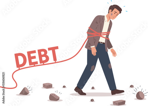 A man burdened by debt, tied and struggling to move forward.