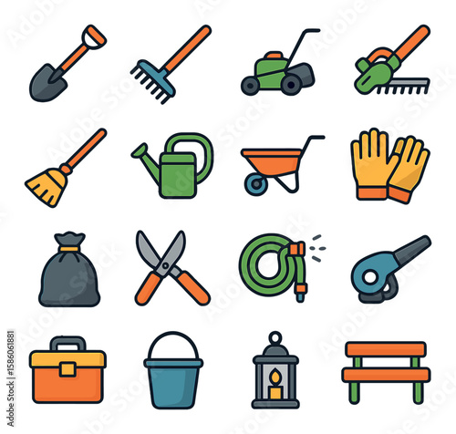Cemetery Maintenance Tools modern flat style. shovel, rake, lawnmower, hedge trimmer, broom, watering can, wheelbarrow, gloves, trash bag, pruning shears, garden hose