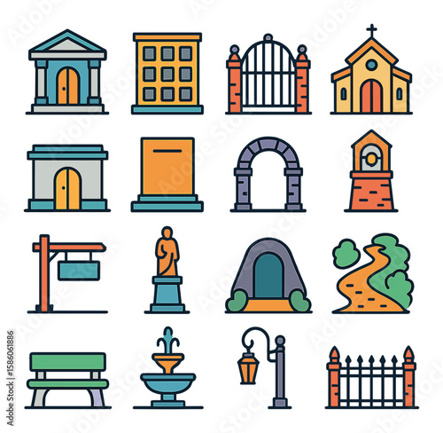 Cemetery Architecture modern flat style. mausoleum, columbarium, cemetery gate, chapel building, crypt, memorial wall, stone archway, bell tower, entry sign, statue