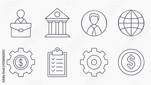 Business Icons Collection Person Globe Bank Gear Coin Checklist finance briefcase