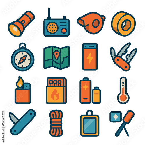 Preparedness Tools modern flat style. flashlight, radio, whistle, duct tape, compass, map, power bank, multipurpose tool, lighter, matches box, batteries, thermometer