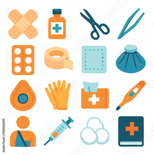 First Aid Essentials modern flat style. bandages, antiseptic bottle, medical scissors, tweezers, painkillers, adhesive tape, gauze pad, ice pack, CPR mask, gloves