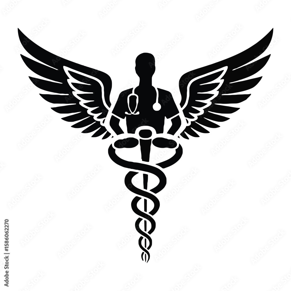 Fototapeta premium Winged Healthcare Guardian Vector Illustration Featuring Caduceus Symbol 