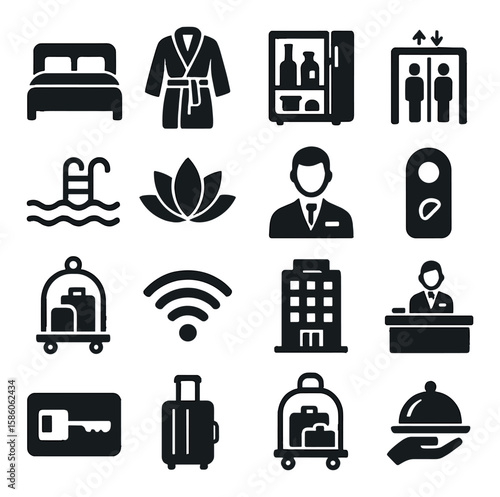 Bed, bathrobe, minibar, elevator, swimming pool, spa, concierge, do not disturb sign, luggage cart, wifi symbol, hotel building, reception desk, key card, suitcase